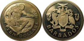 Weltmünzen und Medaillen, Barbados. Neptun mit Fisch und Dreizack. 10 Dollars 1973, 1.13 OZ. Silber. KM 17a. Polierte Platte, Patina.