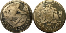 Weltmünzen und Medaillen, Barbados. Neptun mit Fisch und Dreizack. 10 Dollars 1974, 1.13 OZ. Silber. KM 17a. Polierte Platte, Patina. Fingerabdrücke. ...