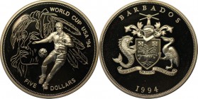 Weltmünzen und Medaillen, Barbados. 5 Dollars 1994, 0.85 OZ. Silber. Polierte Platte