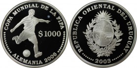 Weltmünzen und Medaillen, Uruguay. Fußball-WM 2006 in Deutschland. 1000 Dollars 2003, Silber. KM 122. Polierte Platte