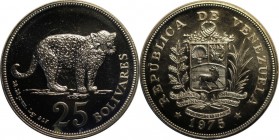 Weltmünzen und Medaillen, Venezuela. Jaguar. 25 Bolivares 1975, Silber. 0.8 OZ. KM 46. Stempelglanz. Winz.Kratzer. Patina.