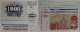 Banknoten, Bosnien und Herzegowina / Bosnia and Herzegovina. 10-1000 Dinara 1992, 5000 -1 Mln. Dinara 1993. 9 Stück. I