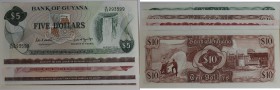 Banknoten, Guyana. 1 Dollars, 5 Dollars, 3 x 10 Dollars ND(1966-92). 5 Stück. I