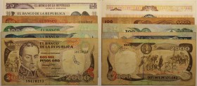 Banknoten, Kolumbien / Colombia. 2 Pesos 1977, P.413, 20 Pesos 1991, P.426e, 100 Pesos 1983, P.426, 200 Pesos 1991, P.429d, 1000 Pesos 1991, P.424c, 2...