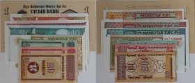 Banknoten, Mongolei / Mongolia. 1 Tugrik 1955 P.28, 1 - 20 Tugrik, 10 - 50 Mongo 1993. 8 Stück. I