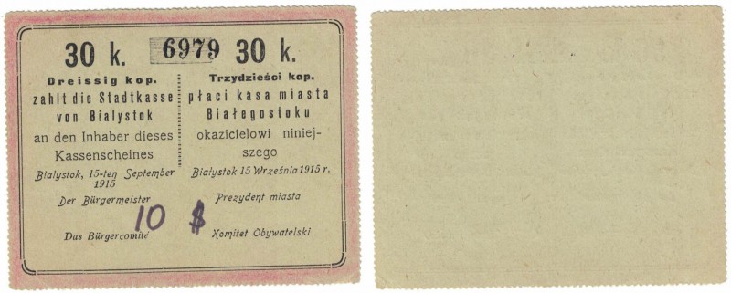 Banknoten, Polen / Poland. Lokale polnisch - russische Banknoten. Belostok Stadt...