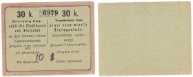 Banknoten, Polen / Poland. Lokale polnisch - russische Banknoten. Belostok Stadtverwaltung. 30 Kopeken 1915. UNC-