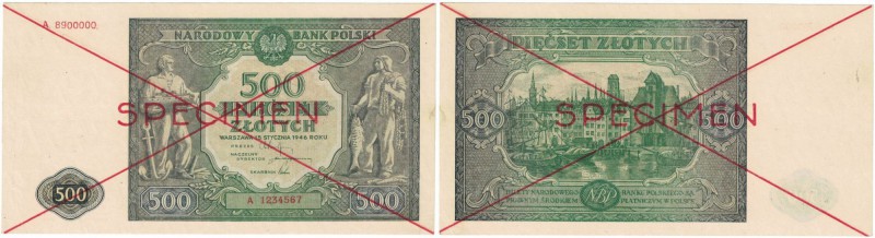 Banknoten, Polen / Poland. 500 Zlotych 1946. Specimen. Pick:121s. UNC