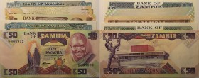 Banknoten, Sambia. 3 x 2 Kwacha 1980-88, P.024c, 5 Kwacha 1980-88, P.025d, 10 Kwacha 1989-91, P.31A, 20 Kwacha 1980-91, P.32b, 50 Kwacha 1986-88, P.28...