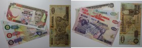 Banknoten, Sambia / Zambia. 5, 20, 50, 100, 500 Kwacha 1989-92. II-III