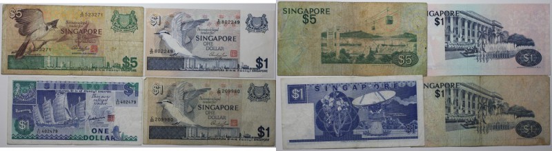 Banknoten, Singapur. 2 x 1 Dollar 1976, P.009, 1 Dollar 1987, P.018a, 5 Dollars ...