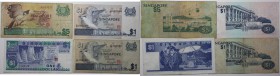Banknoten, Singapur. 2 x 1 Dollar 1976, P.009, 1 Dollar 1987, P.018a, 5 Dollars 1976, P.010. 4 Stück. III-IV