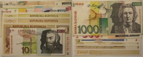 Banknoten, Slowenien / Slovenia. 1-1000 Tolarjev 1990-92. 10 Stück. I-III