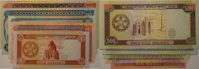 Banknoten, Turkmenistan. 1 Manat,10 Manat, 20 Manat,100 Manat, 500 Manat 1993-95. 5 Stück. I