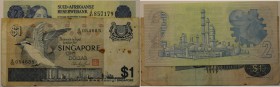 Banknoten, Lot . 1 Dollar Singapore ND., 2 Rand South Africa Reserve Bank Series AI/4 Sign. T. W. de Jongh ND. 2 Stück. I-III