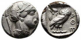 (Silver. 17.09g. 26 mm) ATTICA. Athens. Tetradrachm (Circa 454-404 BC). AR
Helmeted head of Athena right, with frontal eye.
Rev: AΘE./ Owl standing ...