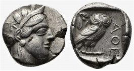 (Silver. 17.01g. 26 mm) ATTICA. Athens. Tetradrachm (Circa 454-404 BC). AR
Helmeted head of Athena right, with frontal eye.
Rev: AΘE./ Owl standing ...
