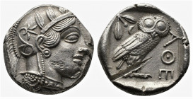 (Silver. 17,14g. 26mm) ATTICA. Athens. Tetradrachm (Circa 454-404 BC). AR
Helmeted head of Athena right, with frontal eye.
Rev: AΘE./ Owl standing r...