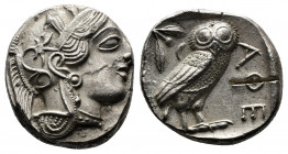 (Silver. 17.08 g. 23 mm) ATTICA. Athens. Tetradrachm (Circa 454-404 BC). AR
Helmeted head of Athena right, with frontal eye.
Rev: AΘE./ Owl standing...