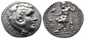 (Silver. 16,65g. 31mm) KINGS OF MACEDON. Alexander III. 'the Great' (336-323). Tetradrachm. Miletos.
Head of Herakles right, wearing lion skin.
Rev:...