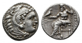 (Silver. 4.12g. 17mm) Kings of Macedon. Kolophon. Alexander III \"the Great\"" 336-323 BC. Drachm AR
Head of Herakles right, wearing lion skin.
Rev:...