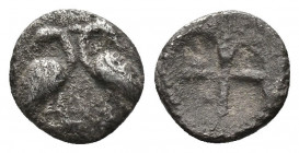 (Silver. 0.30g. 9mm) Macedon. Eion circa 480-470 BC. Hemiobol 
Two swans confronted.
Rev: Quadripartite incuse square.
HGC 3, 522.