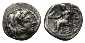 (Silver. 0.66g, 9mm) Kingdom of Macedon. Alexander III AR Obol. Babylon c. 325-323. 
Head of Herakles right, wearing lion skin 
Rev: Zeus Aëtophoros...