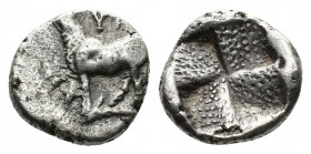(Silver. 3.69g. 17mm) THRACE. Byzantion. Drachm (Circa 387/6-340 BC). AR
Bull standing left on dolphin left; monogram to left and above.
Rev: Stippl...