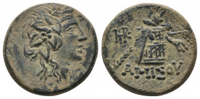 (Bronze. 7.93g. 22mm) Pontos, Amisos. Time of Mithradates VI Eupator circa 120-63 BC, AE
Head of Dionysos right, wearing ivy wreath
Rev: thyrsos lea...