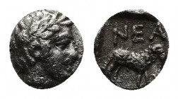 (Silver. 0.56g. 9mm) Troas. Neandria circa 400-300 BC. Obol AR
Laureate head of Apollo to right
Rev: NEAN, ram standing right.
SNG Copenhagen 446; ...