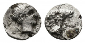 (Silver. 0.32g. 8mm) Troas, Kebren, c. 387-310 BC. AR Obol 
Ram’s head right
Rev: Youthful male head right 
SNG von Aulock 7621; Klein 313