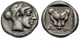(Silver. 0.41g.8mm) Troas. Antandros circa 440-400 BC. Hemiobol AR
Female head right
Rev: A-N, facing head of panther within incuse square.
Babelon...