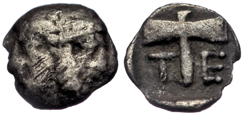(Silver.Islands off Troas. Tenedos 450-387 BC. Obol AR
Janiform head, female on...