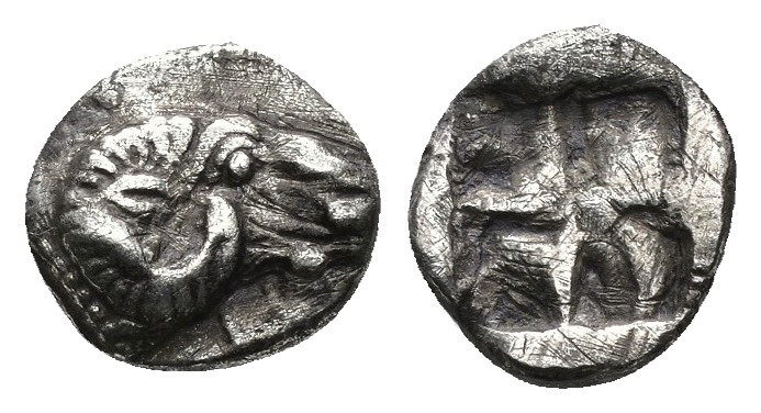 (Silver. 0.99g 11mm) Troas. Kebren 500 BC. Diobol AR
head of ram right / Quadri...