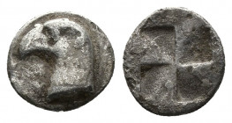 (Silver. 0.43g. 9mm) Aiolis, Kyme AR Obol. Circa 480-450 BC. 
Eagle’s head left.
Rev: Quadripartite incuse square. 
SNG Copenhagen 31.
