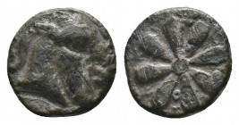 (Silver. 0.59g. 9mm) AEOLIS. Kyme. Obol (4th century BC).
Head of goat right.
Rev: Floral pattern.
CNG EA 286, 86.