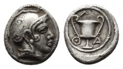 (Silver.0.50g. 8mm) Lesbos. Methymna circa 450-379 BC. Obol AR
Helmeted head of Athena right
Rev: M-A-Θ, kantharos within circular border, all withi...