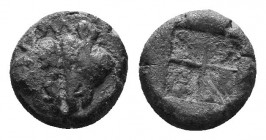 (Silver. 1.23g. 10mm) Lesbos. Uncertain mint circa 500-450 BC. Obol AR
Confronted boar\'s heads
Rev: Quadripartite incuse square.
Klein 349.