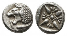 (silver. 1.14g. 10mm) IONIA. Miletos. Obol or Hemihekte (Late 6th-early 5th centuries BC).
Forepart of lion right, head left.
Rev: Stellate pattern ...