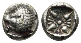 (Silver. 0.84g. 10mm) IONIA. Miletos. Obol (6th-5th century BC).
Forepart of lion right.
Rev: Stellate design within square incuse.
SNG Kayhan 476-...