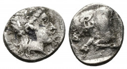 (Silver. 1.19 g. 13mm) Ionia, Magnesia ad Maeandrum. AR Obol , c. 4th-3rd century BC.
Laureate head of Apollo right.
Rev. Forepart of bull right; 
...