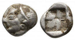 (Silver. 1.33g. 11mm) IONIA. Phokaia. Obol (Circa 521-478 BC).
Archaic head of Athena left.
Rev: Quadripartite incuse square.
 CNG 177, 109.