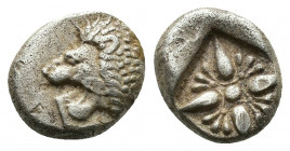 (Silver. 1.18g. 11mm) Ionia, Miletos AR Obol. Late 6th-early 5th century BC. 
Forepart of lion left, head reverted / Stellate pattern in incuse squar...