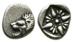(Silver. 1.07g. 10mm) Ionia, Miletos AR Obol. Late 6th-early 5th century BC. 
Forepart of lion left, head reverted / Stellate pattern in incuse squar...
