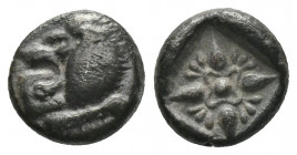 (Silver. 1.06g. 10mm) Ionia, Miletos AR Obol. Late 6th-early 5th century BC. 
Forepart of lion left, head reverted / Stellate pattern in incuse squar...