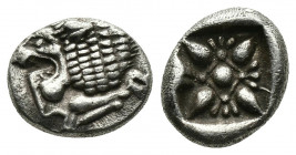 (Silver.1.16g.12mm) Ionia, Miletos AR Obol. Late 6th-early 5th century BC. 
Forepart of lion left, head reverted / Stellate pattern in incuse square....
