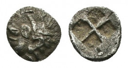 (Silver. 0.12mm. 6mm) IONIA, Phokaia. 510-494 BC. AR Tetartemorion
Archaic female head.
Rev: Quadripartite incuse square. 
SNG.Kay.522