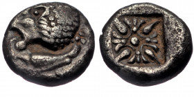 (Silver. 1.17g. 10mm) Ionia, Miletos AR Obol.Ionia, Miletos AR Obol. Late 6th-early 5th century BC. 
Forepart of lion left, head reverted
Rev: Stell...