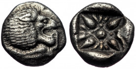 (Silver.1.06g. 11mm) Ionia, Miletos AR Obol. Late 6th-early 5th century BC. 
Forepart of lion left, head reverted / Stellate pattern in incuse square...