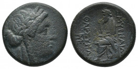 (Bronze. 8.64g. 22mm) Ionia, Smyrna Circa 115-75 BC. Tharsynos magistrate
Homereia type. Head of Apollo right, wearing laurel wreath / 
Rev: Homer s...